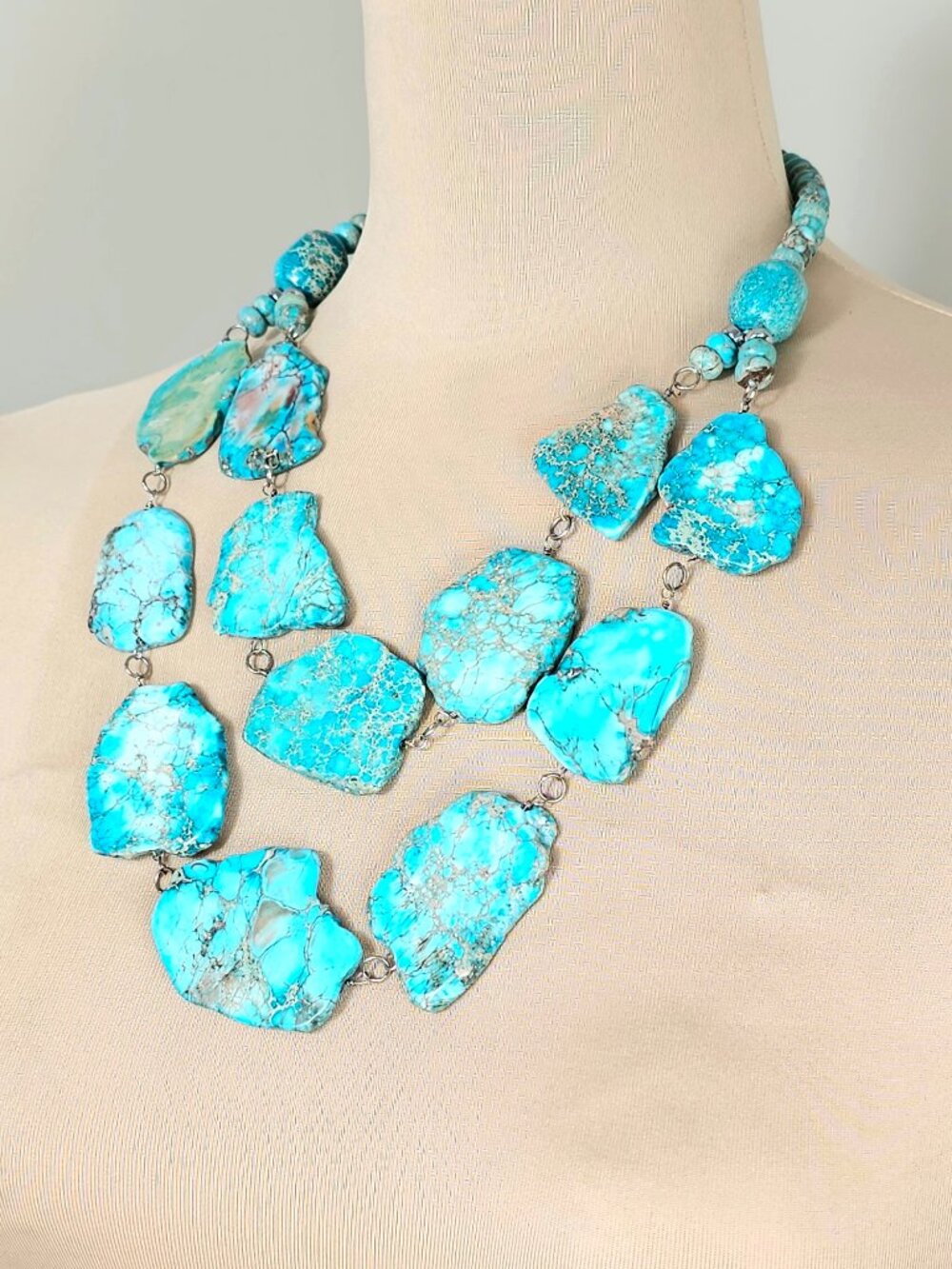 Blue Jasper Double Strand Statement Necklace Slab Bib Silver Tone OS - Picture 3 of 6